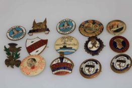 Vintage enamel and pin badges inc a pair of Butlins Filey 1947, Pirate Radio Stations,