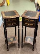 Pair painted two drawer bow front lamp tables, 66cm by 26cm by 28cm.