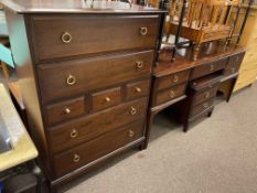 Stag Minstrel dressing table, seven drawer chest and two drawer pedestal chest (3).