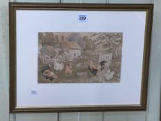 Sedon? Chickens by a Cottage, watercolour, signed lower left, 15.5cm by 26cm, in glazed frame.