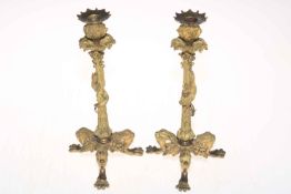 Pair 19th Century gilt metal (ormolu?) candlesticks with serpent column and paw feet, 25cm.