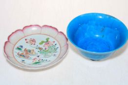Chinese famille rose petal rim plate, 21cm diameter, and blue glazed bowl (2).