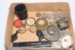 Box of collectables, crowns, old specs, etc.