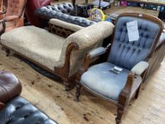 Victorian walnut scroll end chaise longue and Victorian mahogany framed library chair.
