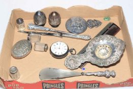 Box of small items, some silver, and including gents watch, condiments, etc.