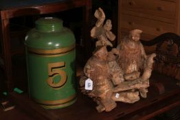 Enamel tea caddy and Chinese root carving.