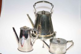 Late Victorian silver plated spirit kettle, together with Elkingtons coffee pot and teapot (3).