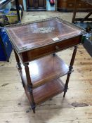 19th Century rosewood and brass inlaid three tier etagere having frieze drawer, 75.