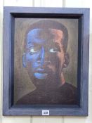 Graham McKean, Black and Blue, portrait of boxer Nigel Benn, on board, 40cm by 30cm, framed.