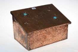 Arts & Crafts copper slope front slipper box, 23cm high.