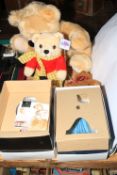 Two boxed Royal Doulton ladies, Steiff 125 year bear, and two other bears.