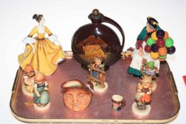 Tray lot with Royal Doulton Dewars whisky flask, two figures, scroll mask jug and tiny,