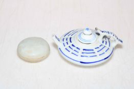 Small Chinese box with relief lid and small blue and white teapot (2).