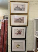Pair gilt framed prints Durham Cathedral and Bamburgh Castle, both signed in the margin,