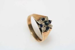 Sapphire and diamond cluster 9 carat gold ring, size O.