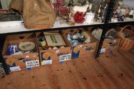 Four boxes of dinner and teaware, wicket basket, stoneware jugs, place mats, etc.