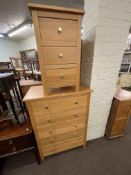 Light oak five drawer chest and matching three drawer pedestal chest.