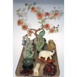 Tray lot with Oriental wares including hardstone tree, soapstone carvings, bone box, Buddha, etc.