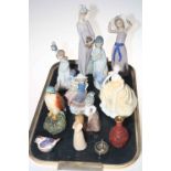 Tray lot with three Lladro figures, three Nao figures, Kestrel whisky bottle, Coalport Emily,