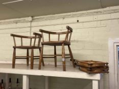 Pair elm child's armchairs and two vintage tennis racquets (4).
