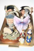 Tray lot with Lladro Child with Dog, Royal Doulton Isadora and three character jugs,