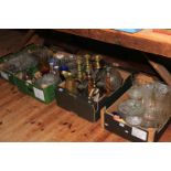 Five boxes with glassware, brass, cutlery, etc.