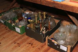 Five boxes with glassware, brass, cutlery, etc.