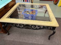 Contemporary glazed inset top coffee table, 44cm by 97cm by 97cm.