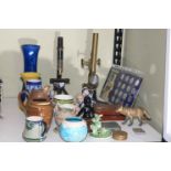 Two microscopes, Wedgwood Blue Jasperware, Macintyre jug and other china, Man in Flight coins, etc.