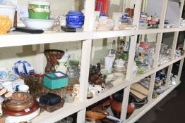Full shelf of glass, china, teaware, animal ornaments, family bible, pictures, wall clock, etc.