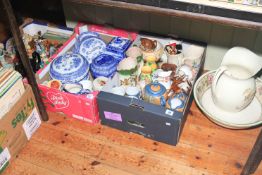 Five boxes of mostly decorative china with jugs, blue and white, figures and toilet jug and basin.