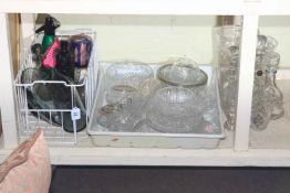 Collection of glassware including decanters, vases, bowls, soda siphon, etc.
