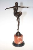 Art Deco style bronze of dancing lady on marble plinth, 56cm.