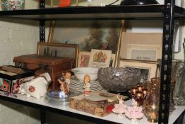 Two vintage leather cases, postcards, Hummel figure, glassware, two oil painting, photographs, etc.