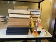 Five Royal Doulton lady figurines including Sarah, Buttercup, Alexandra, collectors plates, etc.
