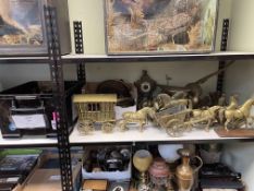 Large collection of brasswares and collectables including heavy brass horses and carts, bugle,