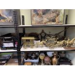 Large collection of brasswares and collectables including heavy brass horses and carts, bugle,