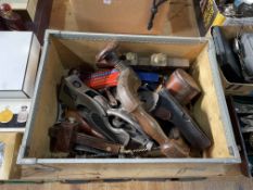 Box of vintage tools including Record planes.