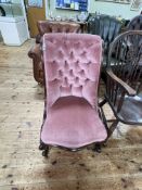 Victorian mahogany framed nursing chair in pink buttoned draylon.