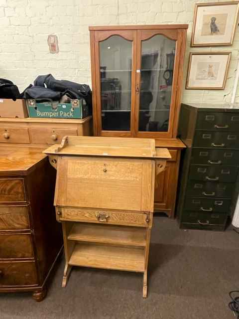 Edwardian four door cabinet bookcase and early 20th Century oak bureau (2).