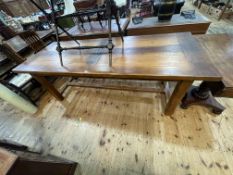 Rustic style oak two drawer refectory table, 80cm by 219cm by 85cm.