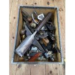 Box of joiners tools including brace, planes, clamps etc.