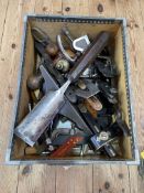 Box of joiners tools including brace, planes, clamps etc.