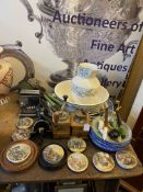 Collection of Prattware pot lids, pipes, grinders, Victorian pottery, metalwares, etc.