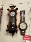 Victorian Vienna style wall clock and oak barometer.
