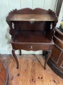 Mahogany single drawer bedside table having shaped top with upper shelf, 86cm by 51cm by 34cm.