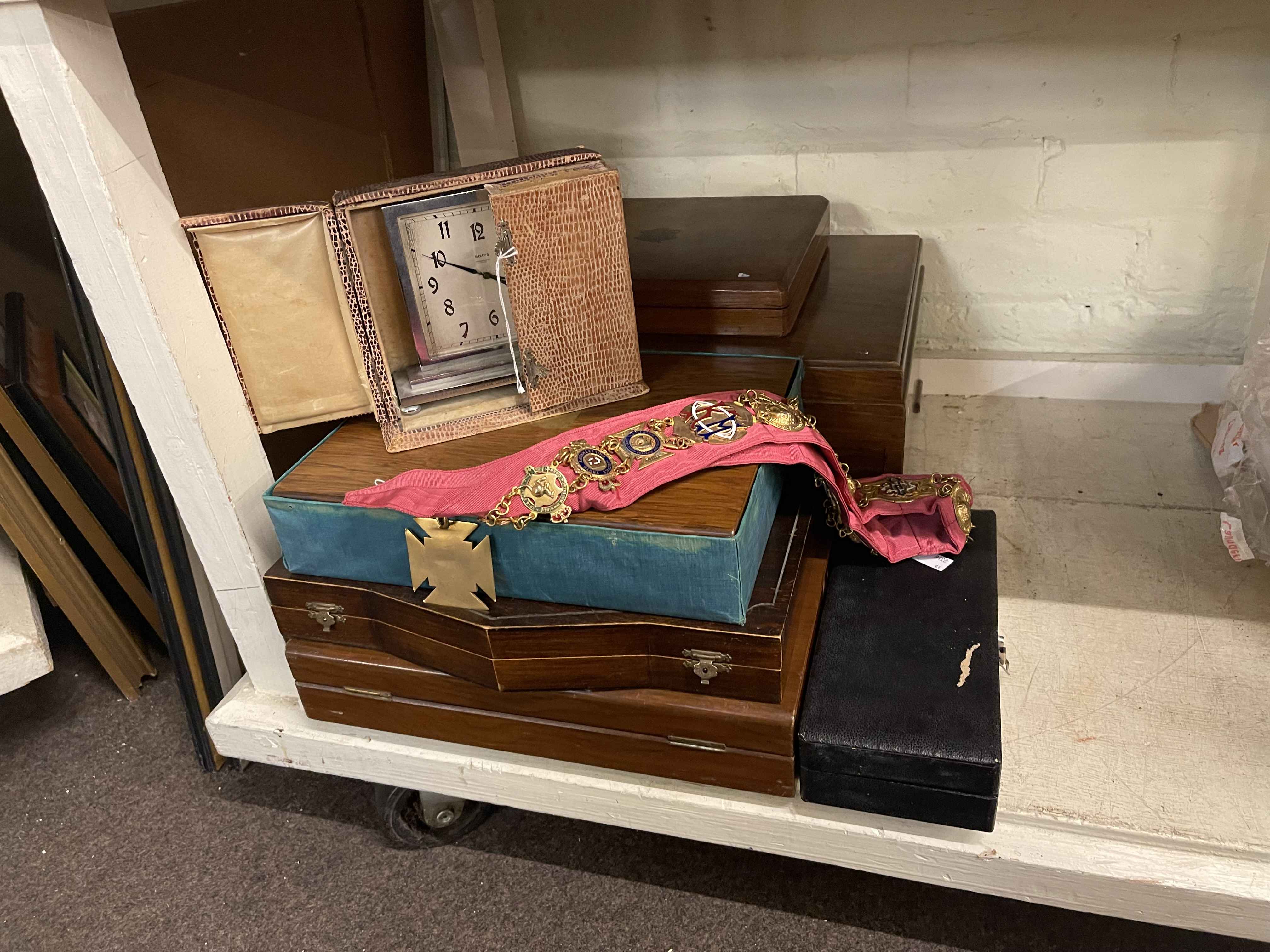 Art Deco style cased 1929 clock, part canteen of cutlery, Masonic medallion sash, etc.