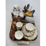 Tray lot with Beswick pheasant, Anita Harris cockerel and pig, two Royal Vale tea sets, etc.