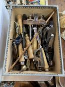 Box of joiners tools including chisels, Stanley plane etc.