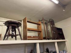 Revolving stool, two open bookcases, stick stand, three tier folding cakestand and two pictures (7).